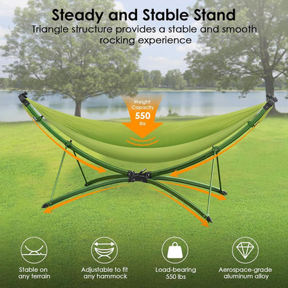 Portable Outdoor Hammock with Quick-Fold Stand,Adjustable Sunshade,Waterproof & UV-Resistant,Heavy-Duty 550lb Capacity,Travel 2-Person Hammock with Storage Bag for Camping,Backyard,Beach,Patio,Indoor