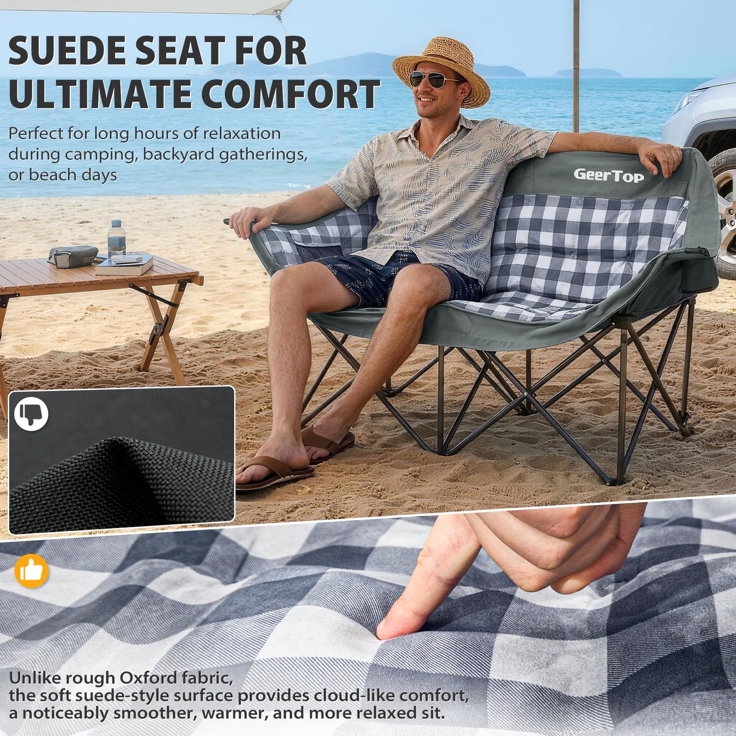 GEERTOP Double Camping Chair for Adults Comfort Suede Padded Loveseat Heavy Duty Oversized 2 Person Camp Chair Sofa with Cup Holders for Outdoor Backyard Lawn BBQ Festival