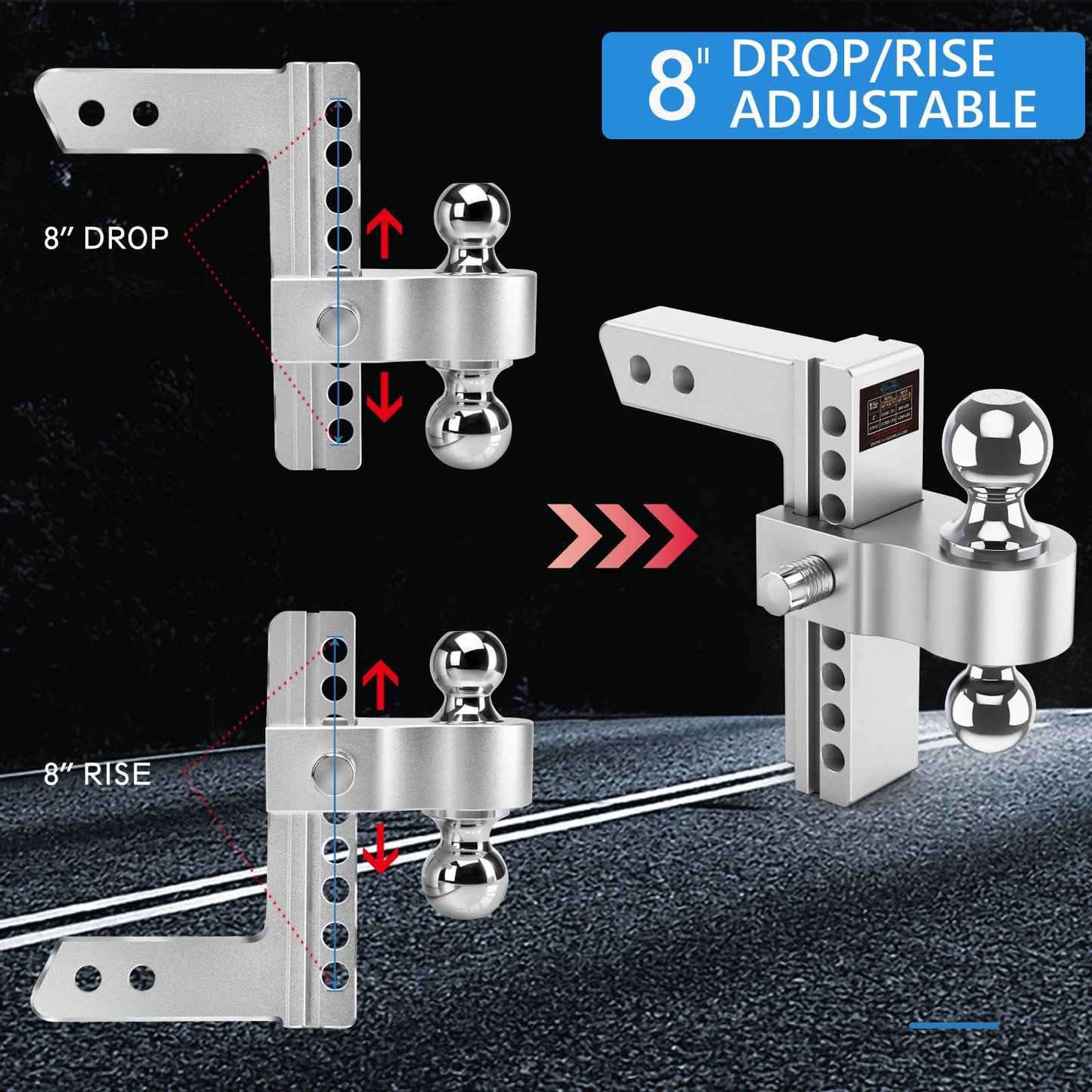 Tlvuvmo Drop Hitch Fits 2 Inch Receiver, 8 Inch Adjustable Trailer Hitch, 12,500 LBS GTW, (2" & 2-5/16") Chrome Plated Steels Balls, Aluminum Tow Hitches with Two Anti-Theft Pins Locks