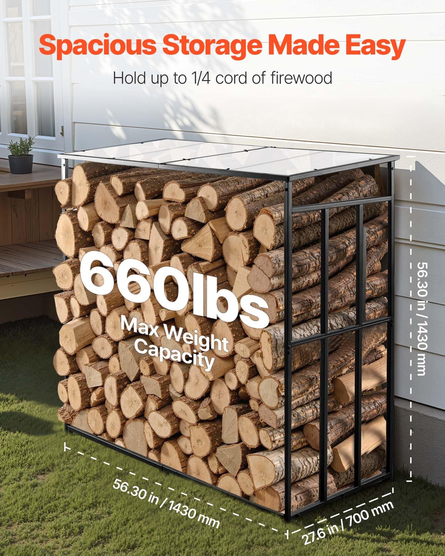 VEVOR Firewood Rack with Sloped Roof, 4 ft Outdoor Firewood Holder, 1/4 Cord Log Storage Shed, 660lb Max Weight Capacity, Powder-Coated Metal Wood Storage Rack for Fireplace Deck Backyard Garden