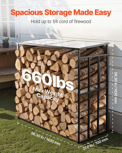 VEVOR Firewood Rack with Sloped Roof, 4 ft Outdoor Firewood Holder, 1/4 Cord Log Storage Shed, 660lb Max Weight Capacity, Powder-Coated Metal Wood Storage Rack for Fireplace Deck Backyard Garden
