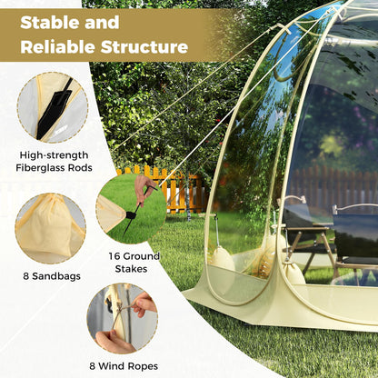 Tangkula Pop Up Bubble Tent, 9.5x9.5 Ft Oversize Outdoor Dome Tent for 4-6 People with 16 Stakes, 8 Wind Ropes, 8 Sandbags, Carrying Bag, Weatherproof Clear Tent for Winter Cold Protection, Camping