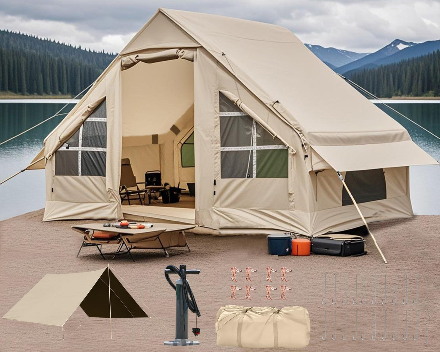 4-6 Person Inflatable Camping Tent, 9.8 * 7.2 FT Glamping Inflatable Tents with LargeTarps,2025 Update Zipper Door Easy Setup Blow Up Tents for Camping