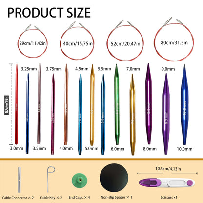 TRILVIX Circular Knitting Needles Set, 13 Pairs Interchangeable Knitting Needles 3mm-10mm with 4 Cables, Accessories & Case, 4 Inch Aluminum Knitting Needles US Size 2~15