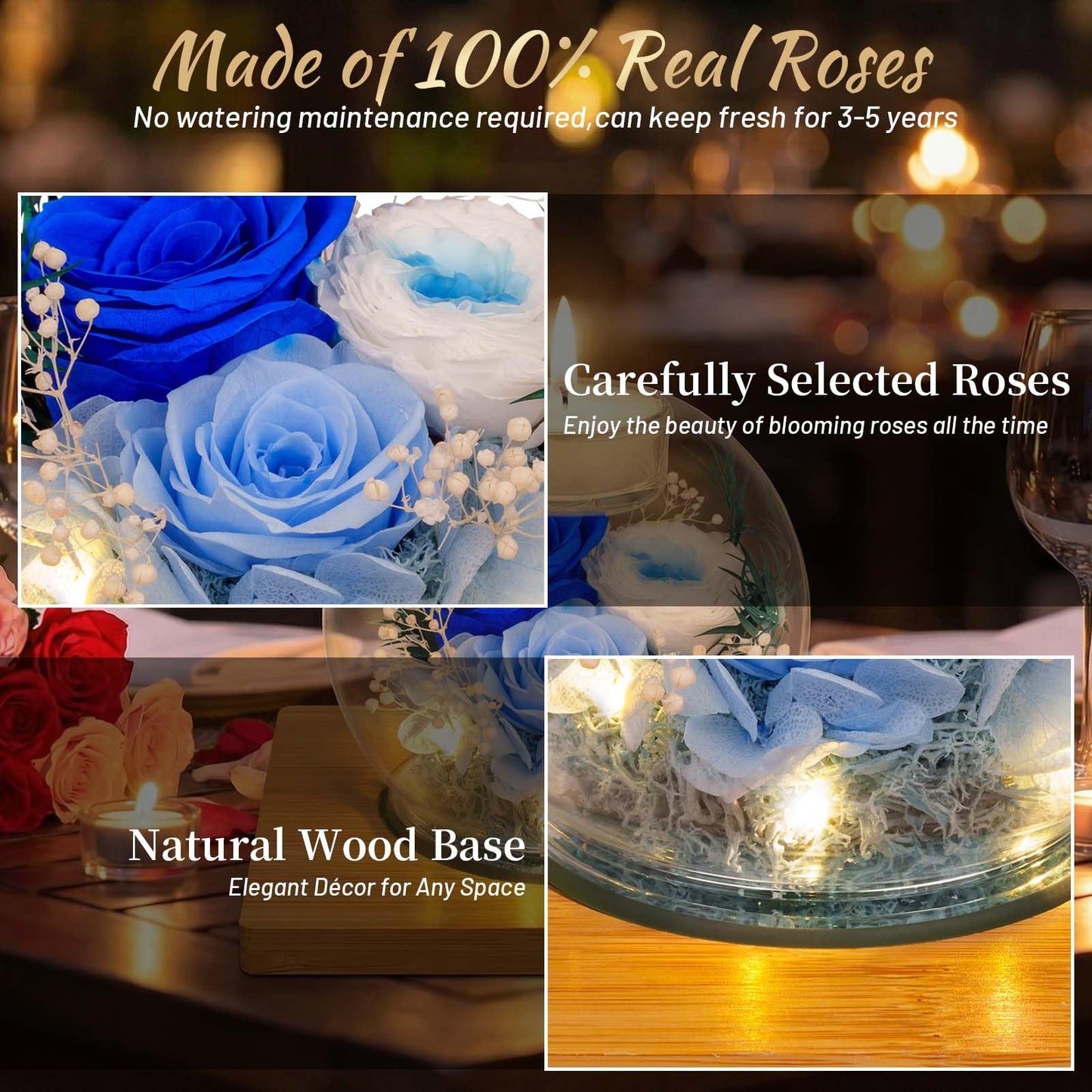 Preserved Blue Real Rose in Glass with Lavender and Vanilla Scented Candles - Forever Flower Romantic Gift for Mom, Women, Wife, Girlfriend, Her, Grandma