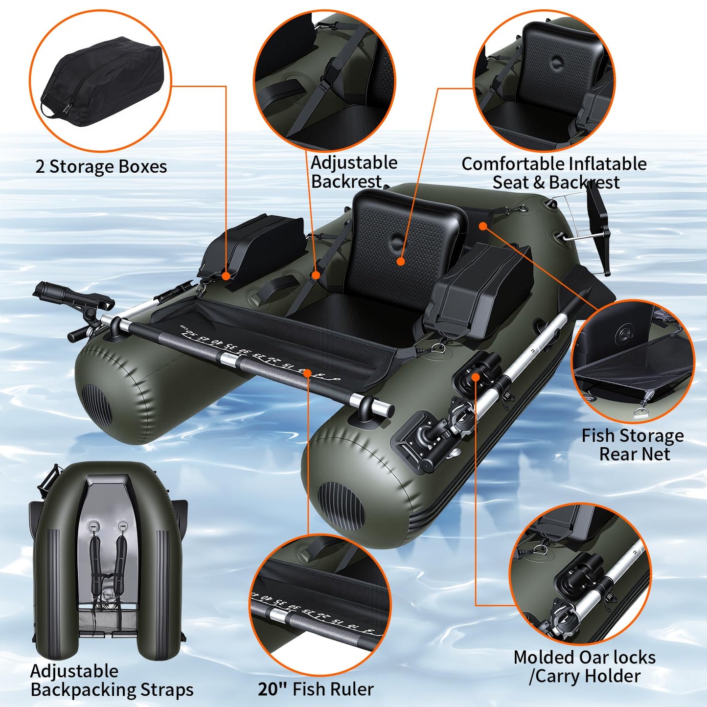 Xproutdoor Fishing Float Tube, Belly Boat Fishing with Pump, Fish Ruler, Adjustable Straps, Storage Pockets, 2 Oars, 2 Rod Holders, Motor Bracket Inflatable Float Tube for 330 LBS Load Capacity