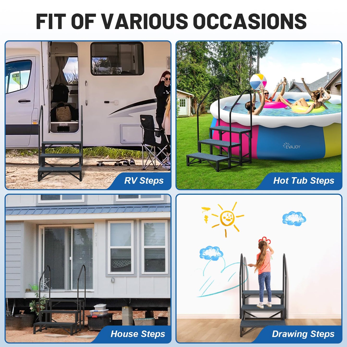 RV Steps Spa Steps with Handrail - 3 Step Hot Tub Steps Trailer Steps Mobile Home Stairs for 5th Wheel RV, Trailer, Hot Tub, Pool, Porch with Non-Slip Mats