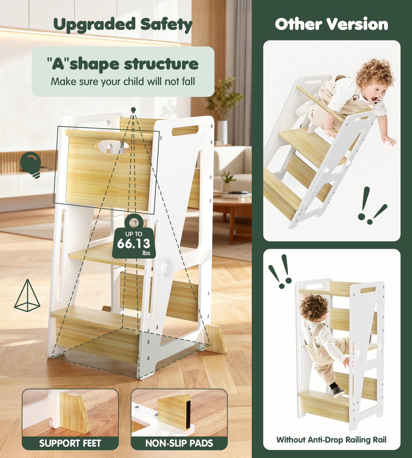 Toddler Standing Stool with Sliding Door, 3-Height Adjustable Kitchen Step Stool for Kids, Sturdy Wooden Learning Tower with Non-Slip Feet, Ages 18 Months–6 Years, White