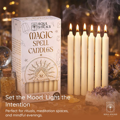 SOUL STICKS Happiness Magic Spell Chime Candles White Taper Candles 20 Pack - Taper Candle White for Altar, Rituals, Ceremonies, Meditation, Witchcraft Supplies, Wiccan, Candles Clearance