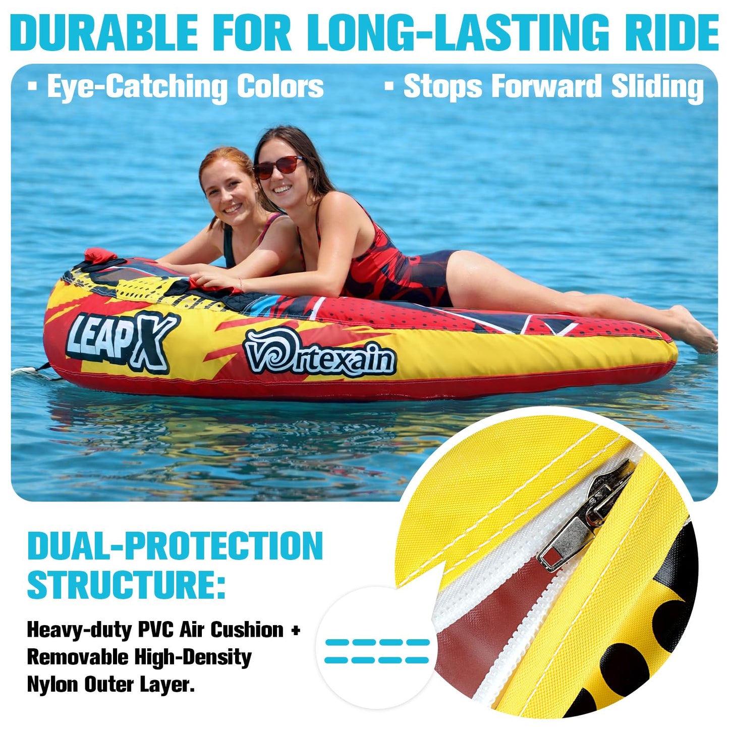 Vortexain Towable Tubes for Boating, 1-2 Person Heavy Duty Inflatable, Water Sports Boat Tube for Tubing with Handles, Thick Nylon EVA Cover, Speed Safety Valve Tow Points for Adults Kids Gifts