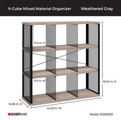 ClosetMaid 9-Cube Storage Organizer Bookshelf, Storage Shelf, Metal Frame, Wood Shelves, Easy Assembly, Black/Weathered Gray