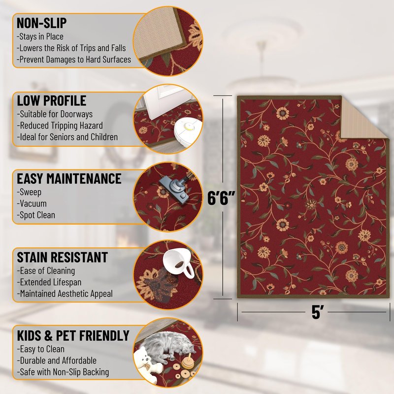 Ottomanson 5' x 6'6" Rugs for Living Room Floral Area Rug for Bedroom - Non Slip Durable Large Floor Carpet for High Traffic Areas - Indoor Rug for Dining Room Kitchen Kids Playroom, Red