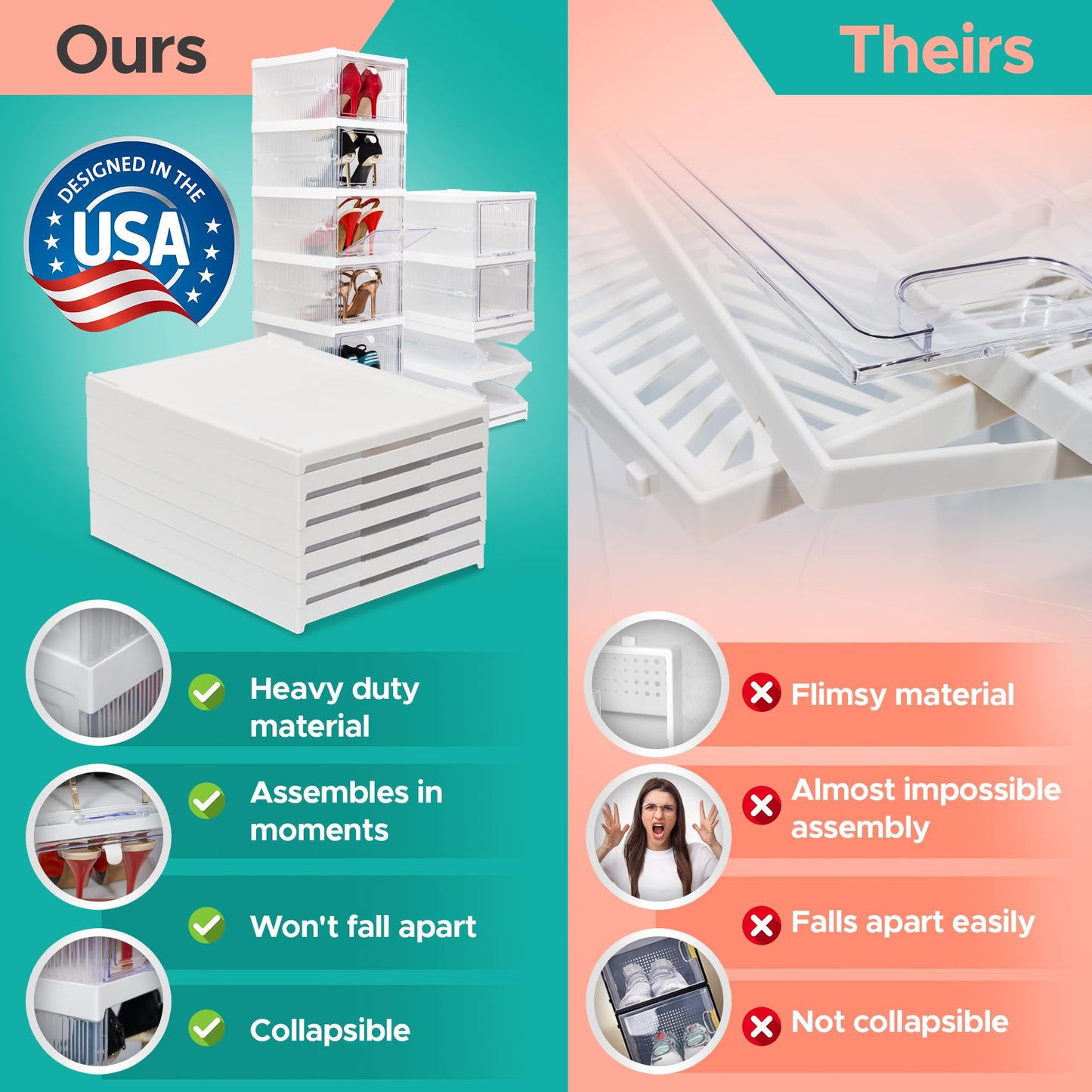 Wondersome Collapsible Shoe Rack Organizer - 24-Compartment Clear Door Storage Containers - Sturdy, Foldable Shoes, Boots, Sneaker Display Cabinet - Stackable Cube Shelf Organization - US-Based Brand
