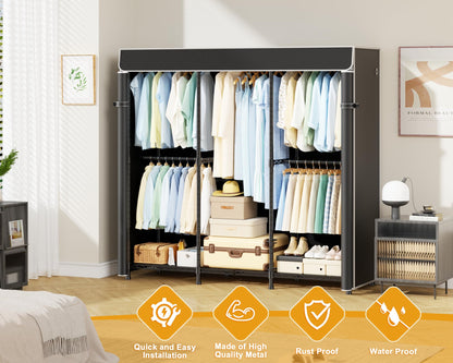 ULIFHOME E14C Heavy Duty Closet Organizer System，Freestanding Clothing Racks for Hanging Clothes，Adjustable Garment Rack 58" W × 16" D × 77" H Hold 860 lbs，Black Rack with Black Dustproof Cover
