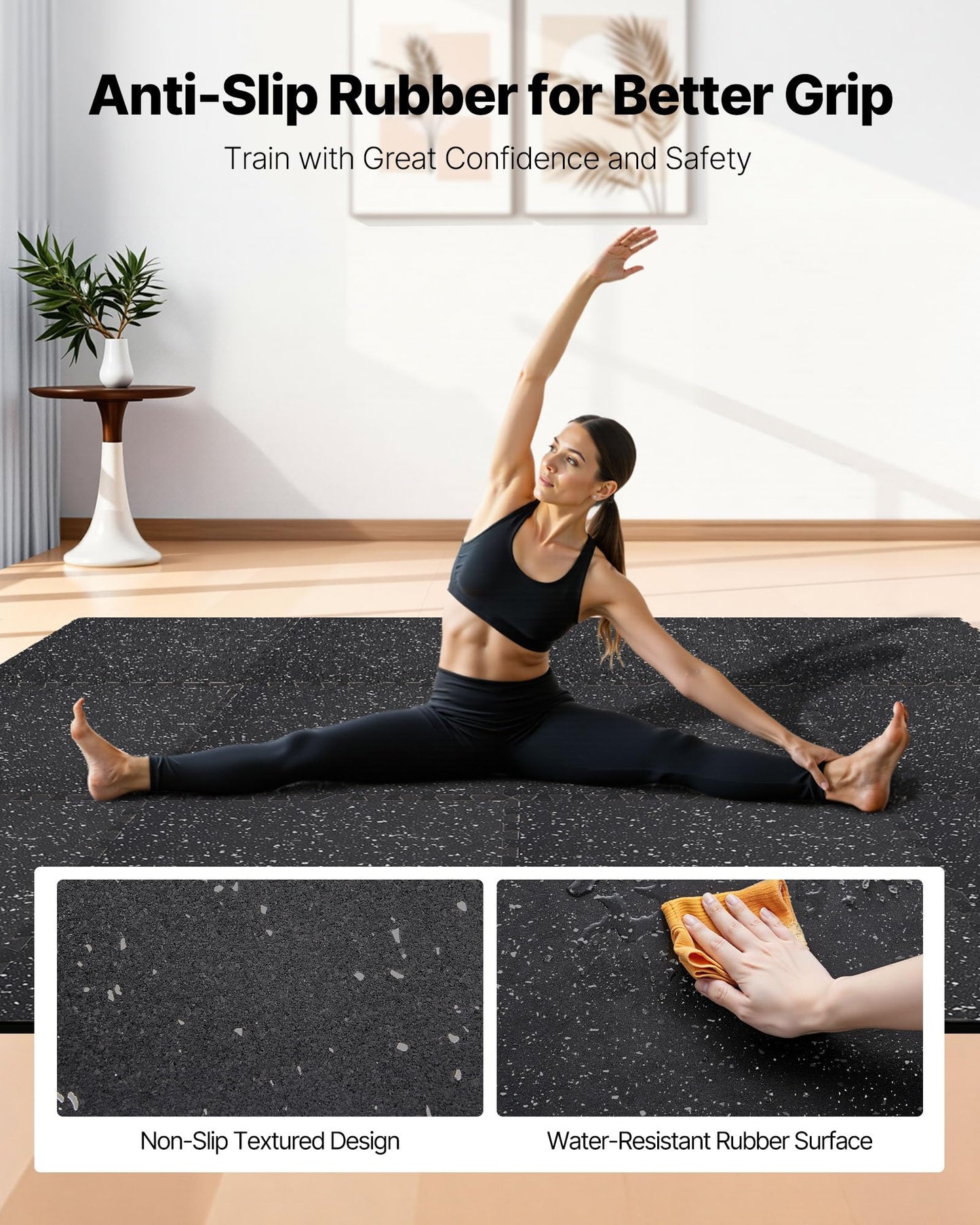 VEVOR 0.4Inch 96sq.ft 24 Tiles Gym Flooring for Home Gym, Rubber Top with High Density EVA Foam, 24 x 24In Gym Floor Exercise Equipment Mats, Interlocking Gym Mats, Puzzle Workout Mats, Black & Gray