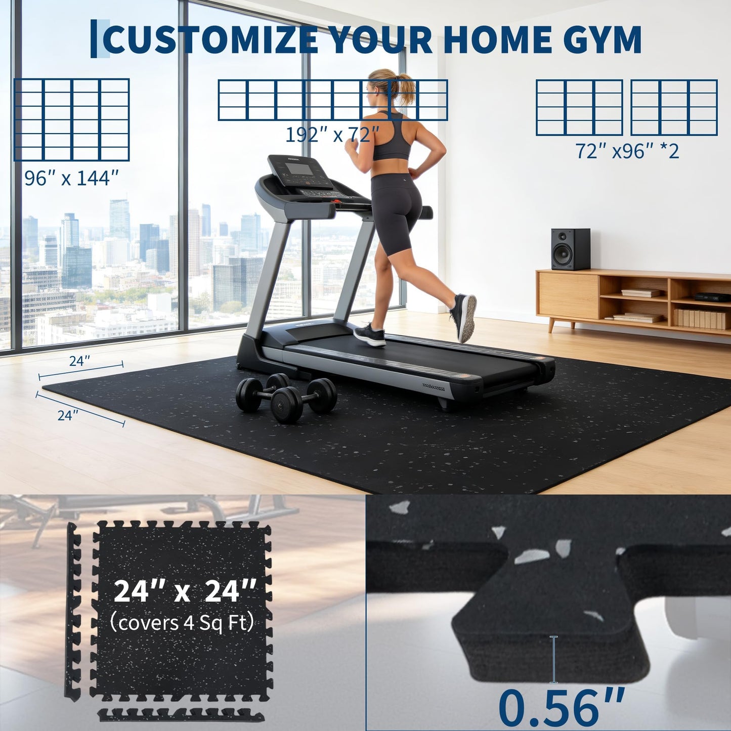 0.56" Thick 48 Sq ft Exercise Equipment Mats,12 Tiles Rubber Interlocking Puzzle Gym Flooring with High Density EVA Foam for Home Gym, Heavy Weight Workout, 24 x 24in Black/Grey