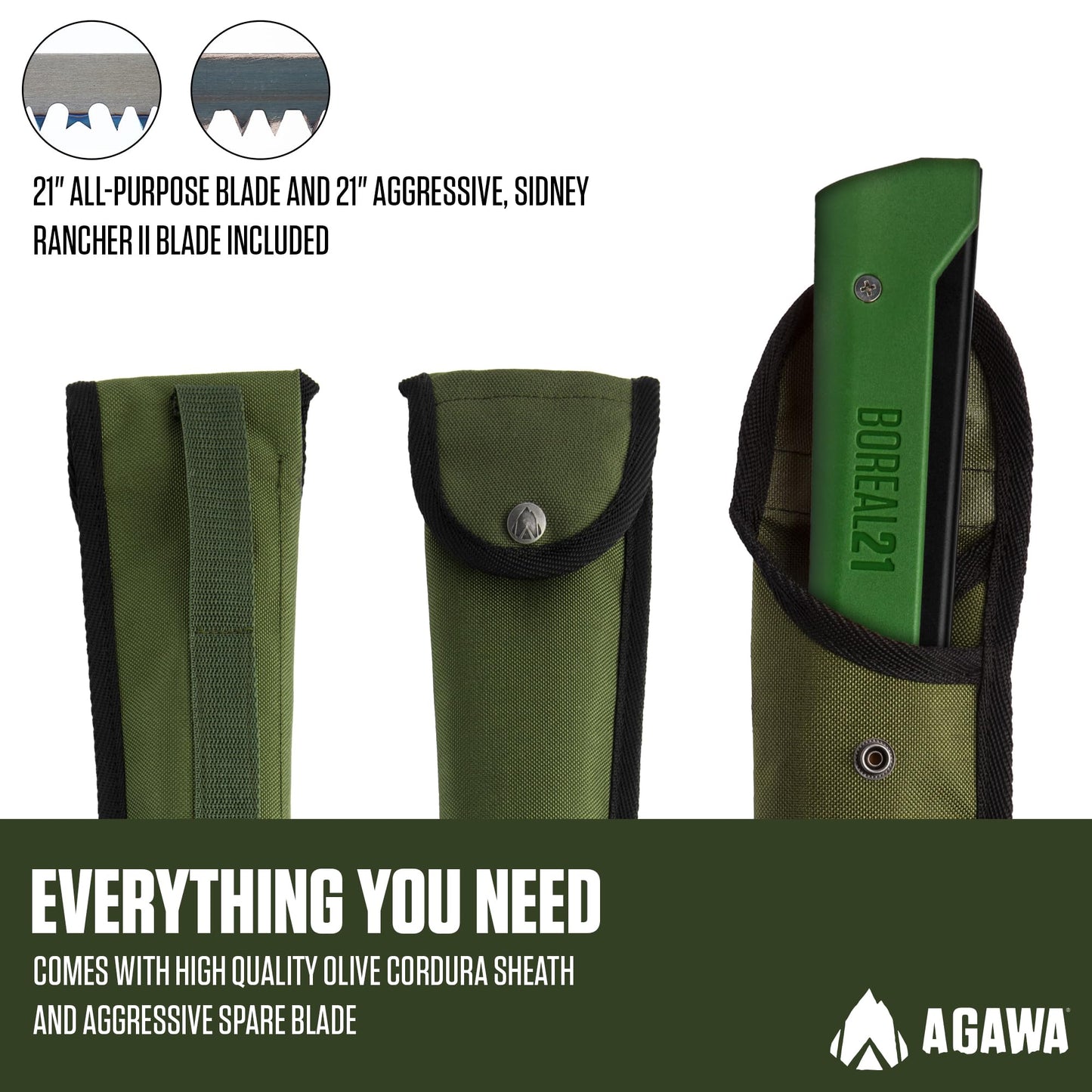AGAWA - BOREAL21 Tripper Kit - Includes 21" Folding Saw, Nylon Carrying Case, 21" All-Purpose & 21" Aggressive Blade - For Camping, Hiking & Survival Gear (Black Frame/Green Handle)