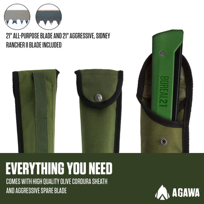 AGAWA - BOREAL21 Tripper Kit - Includes 21" Folding Saw, Nylon Carrying Case, 21" All-Purpose & 21" Aggressive Blade - For Camping, Hiking & Survival Gear (Black Frame/Green Handle)