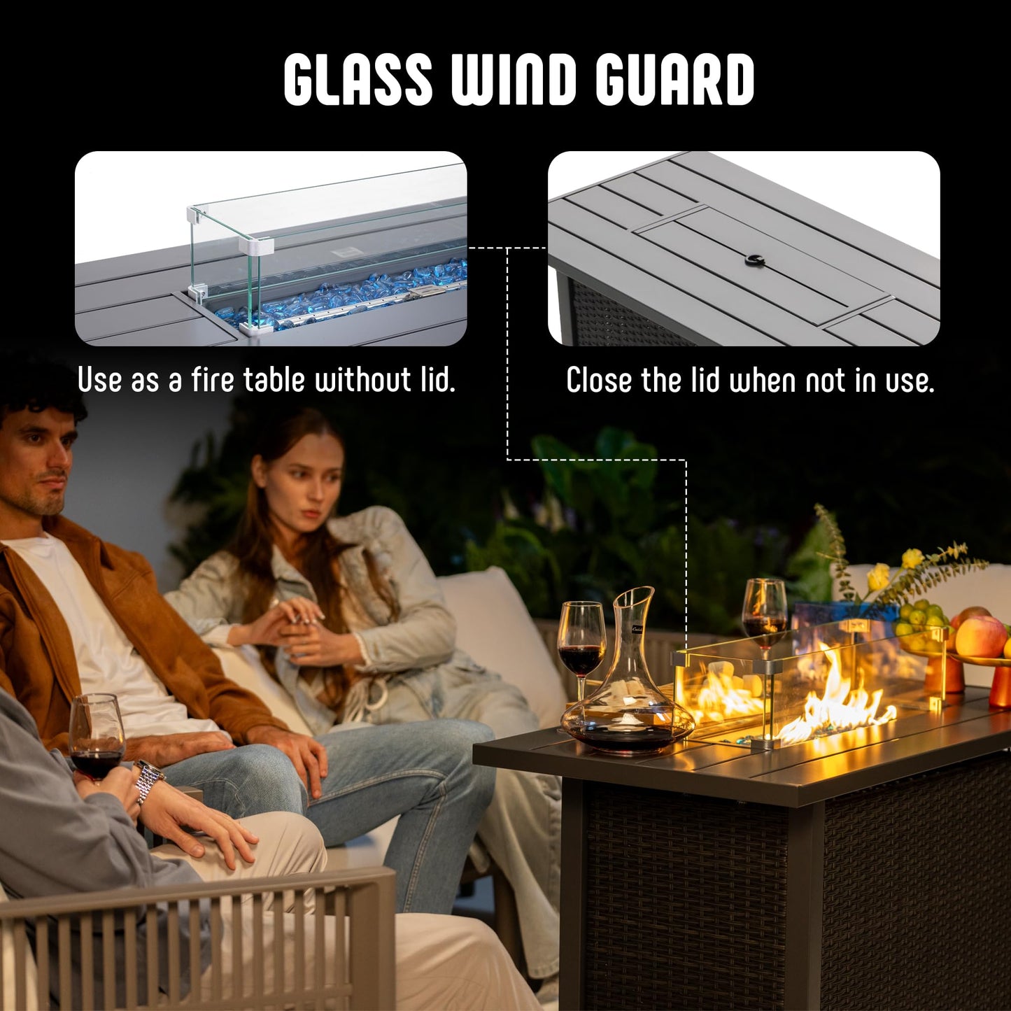 Werph 43" Propane Fire Pit Table with Rattan Fence, 50,000 BTU Gas Fire Pits for Outside Patio with Auto-Ignition, 2-in-1 Fire Table with Natural Lava Rock, Wind Guard& Removable Lid, Black