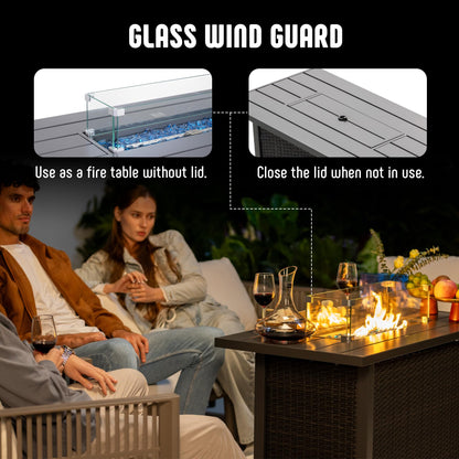 Werph 43" Propane Fire Pit Table with Rattan Fence, 50,000 BTU Gas Fire Pits for Outside Patio with Auto-Ignition, 2-in-1 Fire Table with Natural Lava Rock, Wind Guard& Removable Lid, Black