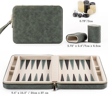 Backgammon Sets for Adults Classic Board Game with Folding Faux Leather Backgammon Case Portable Travel Backgammon Game Set (Green)