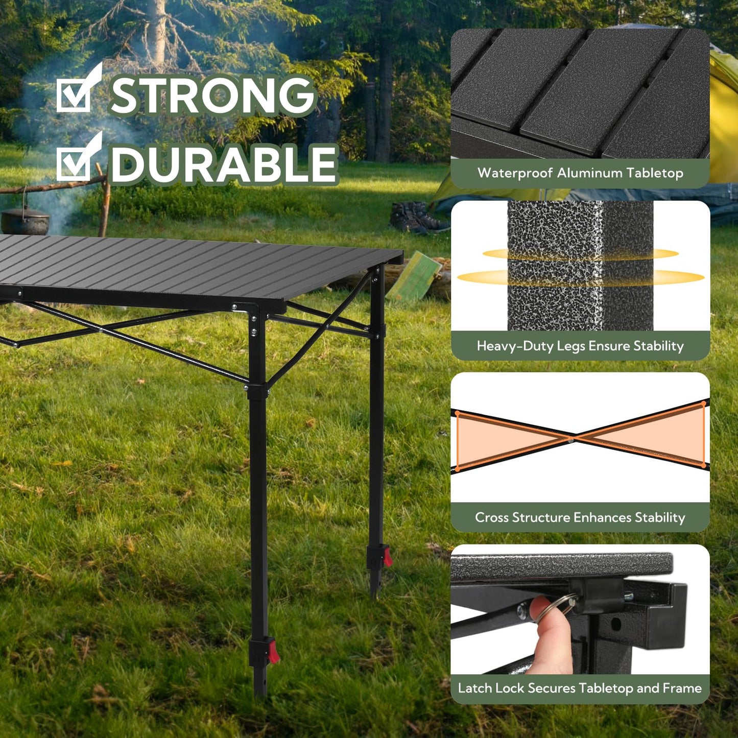 Join Nature Portable Outdoor Adjustable Height Camping Table, Large for 2-6 Person, Foldable Roll-up Aluminum Camp Table with Carry Bag for Picnic, Camp, Sturdy, Stable, Loads 220 Lbs (Black)