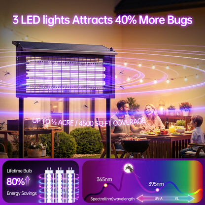 4500V Solar Bug Zapper Outdoor, Mosquito Zapper with Extension Cord, Waterproof Electric Fly Zapper Indoor/Outdoor for Patio, Yard, Home, Garden, Camping