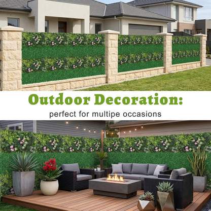 Artificial Grass Wall Panels 12pcs Boxwood Pink Bougainvillea Foliage Fern UV Protected Faux Greenery Hedge, Privacy Fence Screen, Grass Backdrop for Outdoor Indoor Garden Wall Decor 16'' x 24''