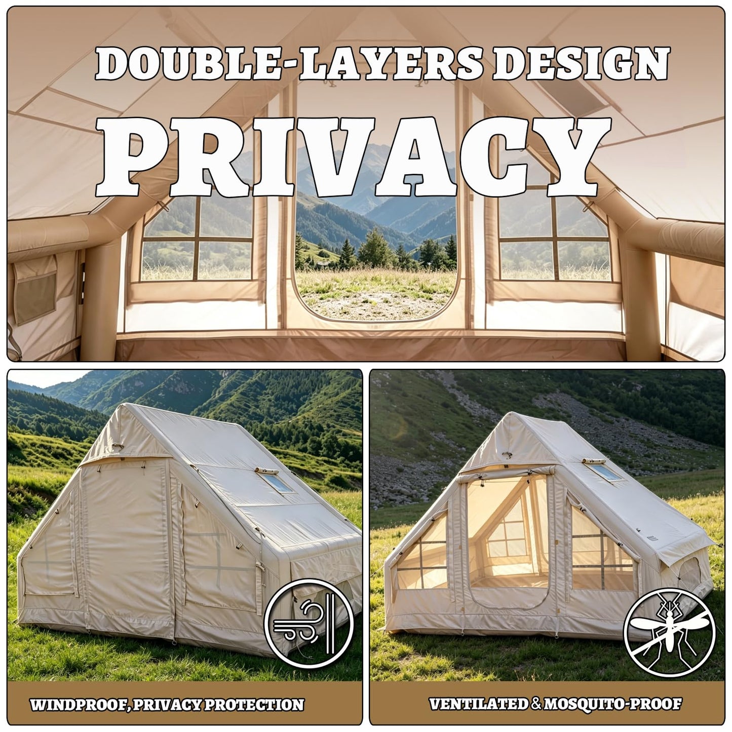 Inflatable Camping Tents with Hand Pump, Air Glamping Tents, Easy Setup Waterproof and Windproof Blow up Tent, 4 Seasons Oxford Cabin Tent with Mesh Window & Stove Jack. (9.8 * 6.9ft)