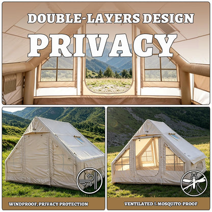 Inflatable Camping Tents with Hand Pump, Air Glamping Tents, Easy Setup Waterproof and Windproof Blow up Tent, 4 Seasons Oxford Cabin Tent with Mesh Window & Stove Jack. (9.8 * 6.9ft)