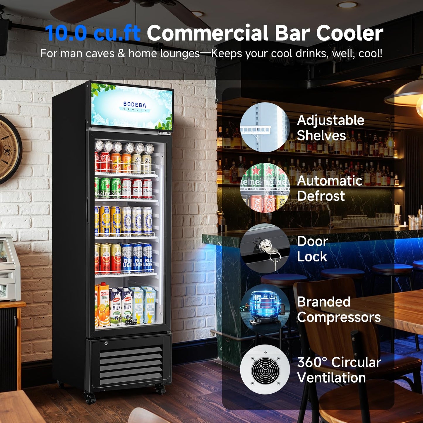 BODEGACOOLER Commercial Merchandiser Refrigerator,10 Cu.Ft Commercial Beverage Cooler with Single Glass Door,Upright Door Display Refrigerator Drink Commercial Bar Cooler with 4 Adjustable Shelves
