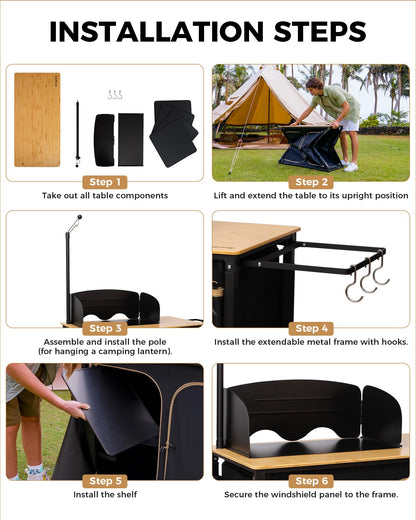 KingCamp Bamboo Camp Kitchen Table, Folding Overland Camping Table with Windscreen & Lantern Pole, Portable Outdoor Cooking Organizer with Storage Cabinets for RV Trip, Tailgating, BBQ, Picnic