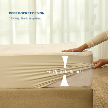 BEDLORE Waterproof Mattress Protector - Noiseless Queen Size Pad with Deep Pocket 6"-18" Depth - Soft & Washable Beige Cover