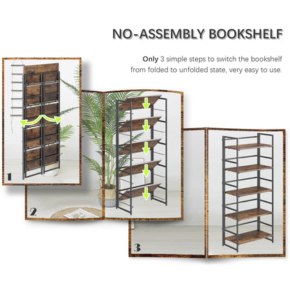 4NM No Assembly 5 Tier Collapsible Book Shelves, 51.2" H x 23.6" W Folding Bookshelf Bookcase Open Industrial Foldable Shelf for Bedroom, Living Room, Home Office - Rustic Brown