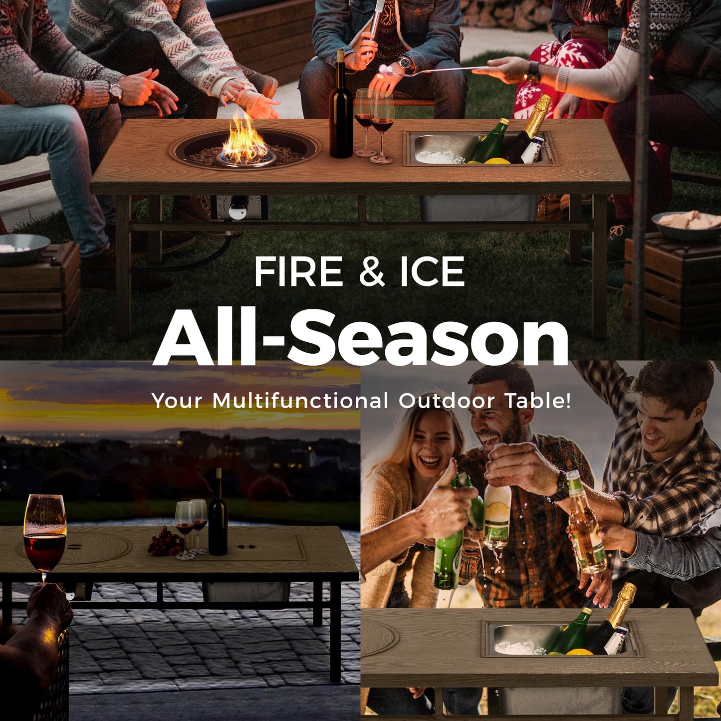 Green4ever Aluminum Propane Fire Pit Table, 47" 50,000 BTU Multifunctional Fire Table with CSA Certification, 4.5 Gallons Ice Bucket, and Lava Rocks, 3-in-1 Coffee Table for Outdoor Patio, Khaki