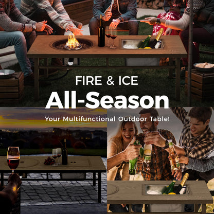 Green4ever Aluminum Propane Fire Pit Table, 47" 50,000 BTU Multifunctional Fire Table with CSA Certification, 4.5 Gallons Ice Bucket, and Lava Rocks, 3-in-1 Coffee Table for Outdoor Patio, Khaki