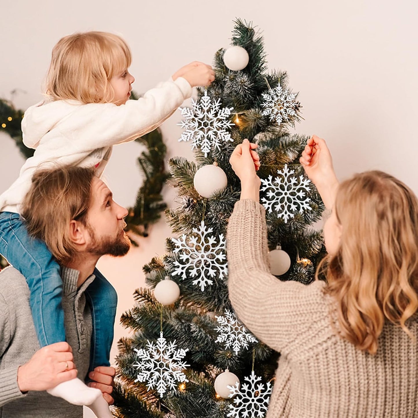 Miucat White Snowflake Ornaments - 42pcs Glittering Christmas Tree Decorations | Festive Hanging Decor