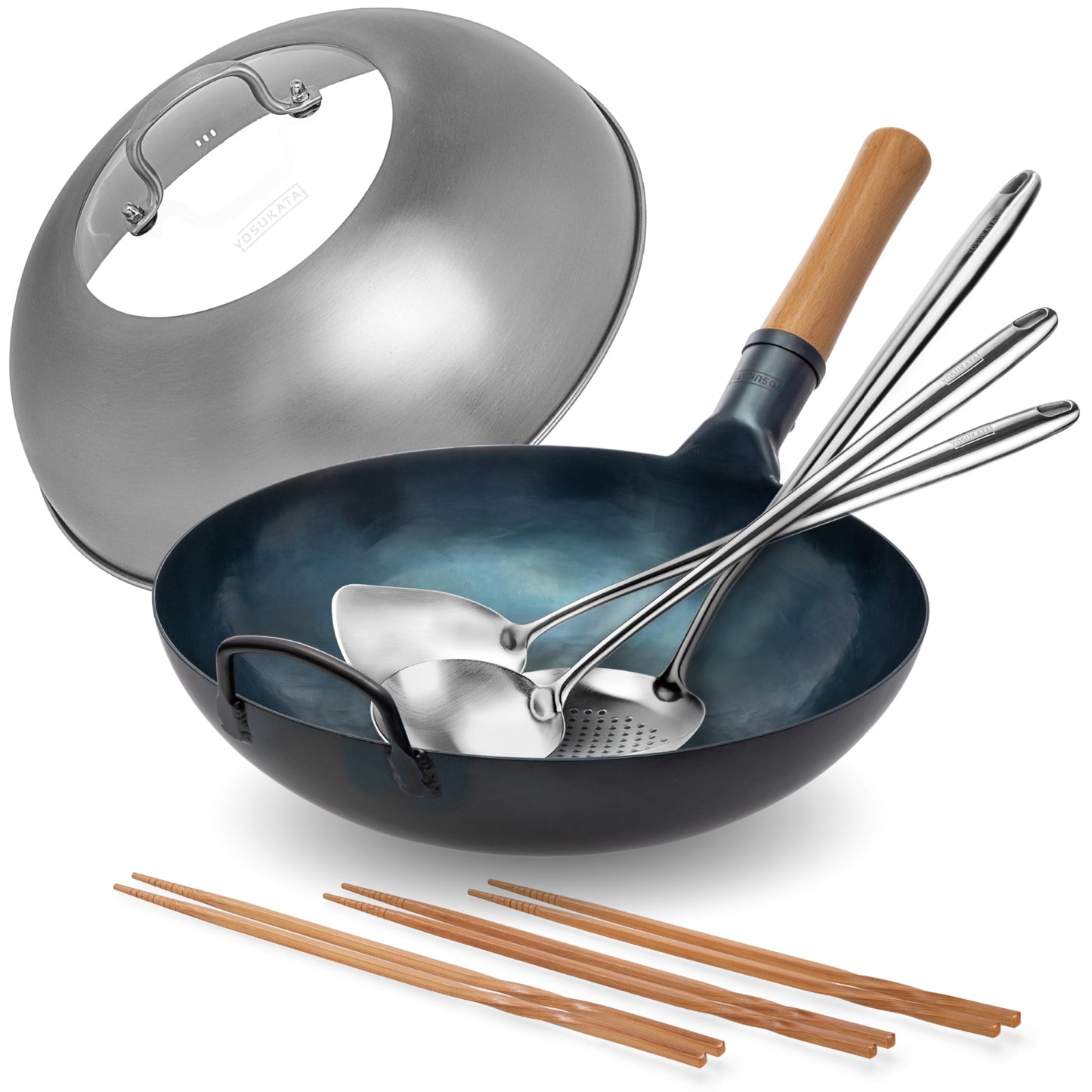 YOSUKATA Product Image Woks and Frying Pans 13.5" - Pre-seasoned Flat Bottom Wok + Wok Lid 12.8 In + 17" Wok Spatula and Ladle Skimmer Spoon + Wooden Long Cooking Chopsticks Set of 3 pairs