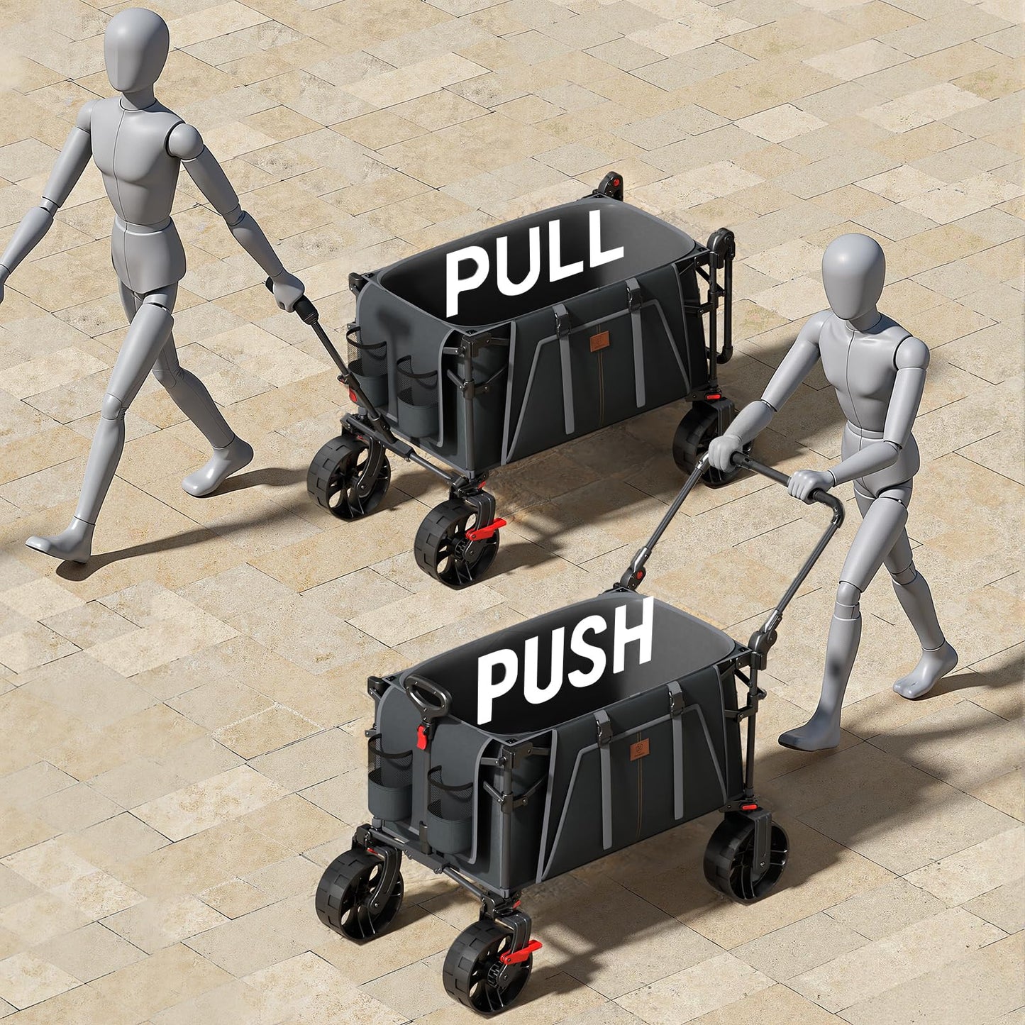 EVER ADVANCED Folding Push Wagon with Canopy, Portable Shopping Cart with Brakes, Collapsible Wagon Cart with All-Terrain Big Wheels for Camping, Beach, Sports
