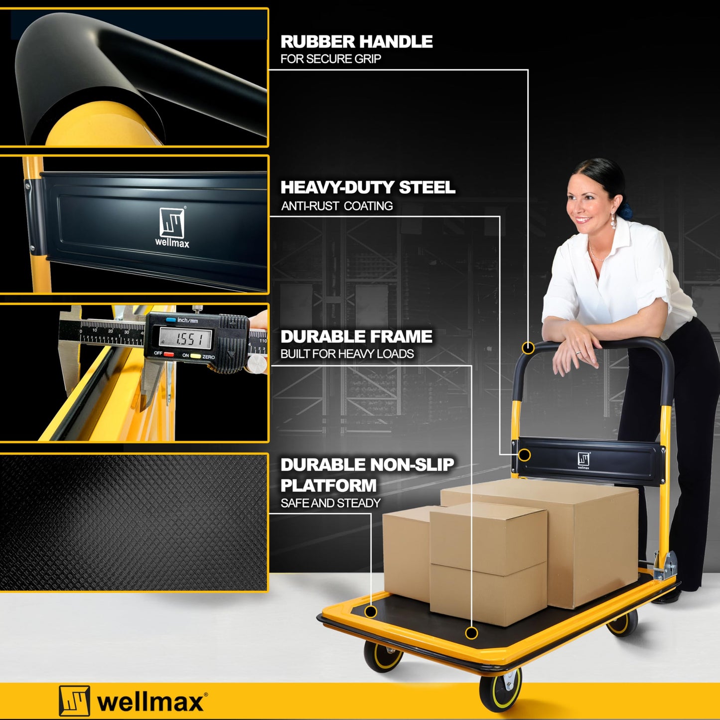 Push Cart Dolly by Wellmax, Moving Platform Hand Truck, Foldable for Easy Storage and 360 Degree Swivel Wheels with 660lb Weight Capacity, Yellow Color