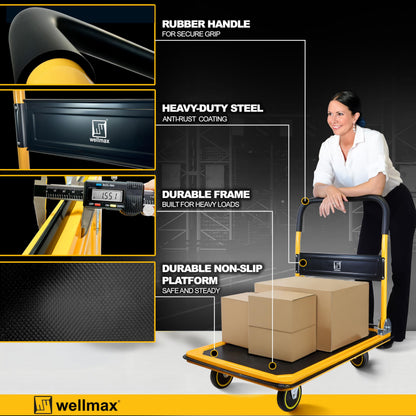 Push Cart Dolly by Wellmax, Moving Platform Hand Truck, Foldable for Easy Storage and 360 Degree Swivel Wheels with 660lb Weight Capacity, Yellow Color