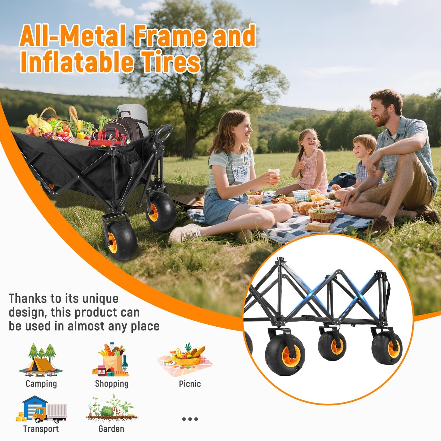 Wheelive Outdoor Wagon with Inflatable All-Terrain Big Wheels,220 LBS Heavy Duty Folding Beach Wagon with Extra Long Extender,Grocery Cart with Cup Holders and Pocket for Groceries, Garden & Camping