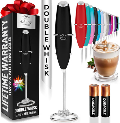Zulay Kitchen Double Whisk Milk Frother - Powerful Handheld Foam Maker for Coffee & Lattes | Includes 2 Duracell Batteries