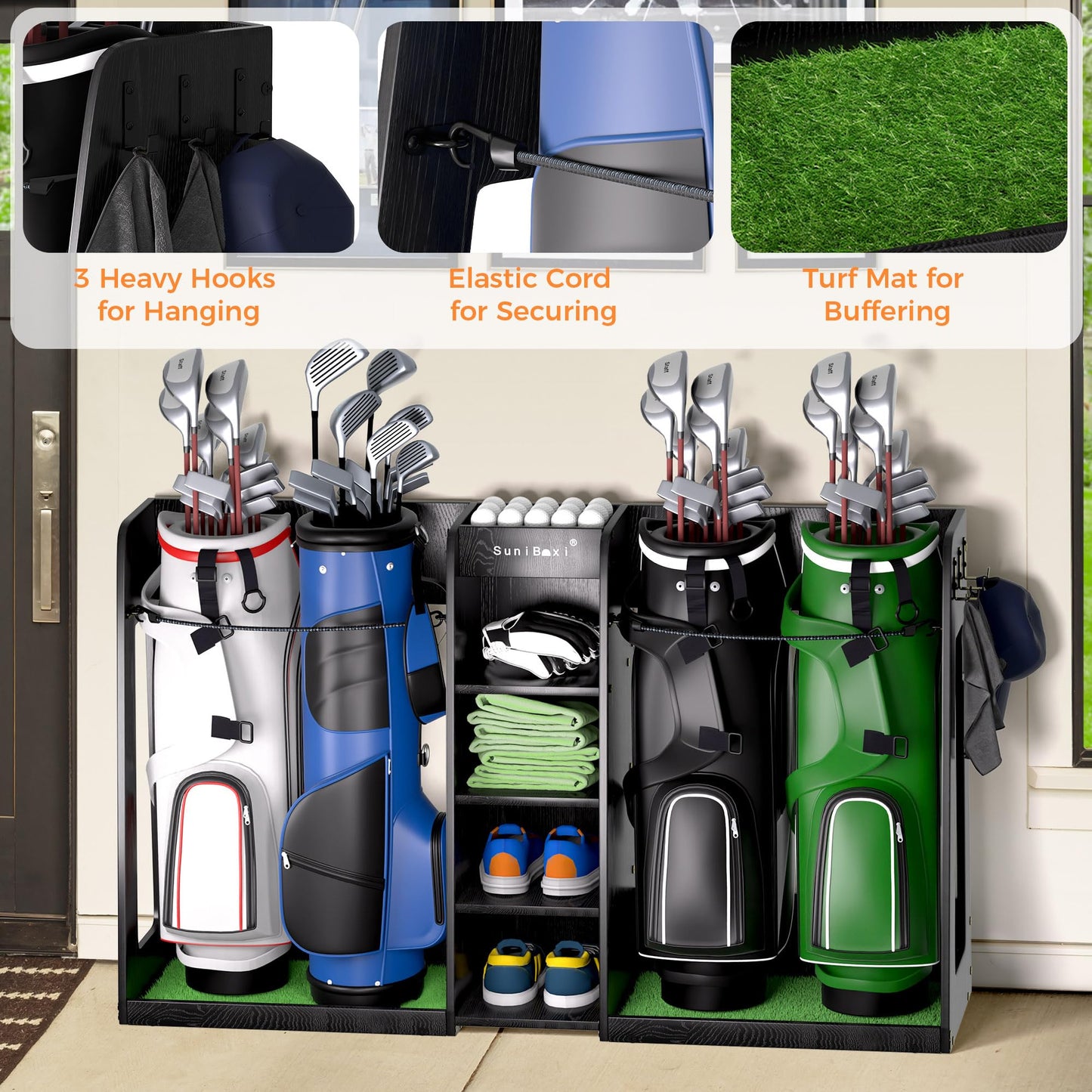 SuniBoxi Golf Organizer for Garage, XL Wooden Golf Bag Storage Rack for 4 Bags, Clubs, Balls & Equipment, Heavy-Duty Golf Bag Holder, Ideal Gift for Golfers, Dad, Husband(4 Bags,Dark Black)