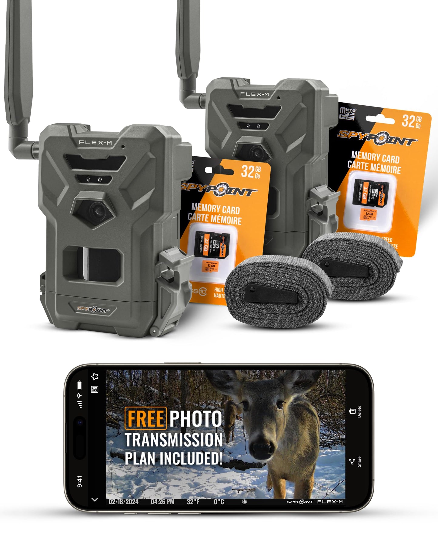 SPYPOINT Flex-M Twin Pack Cellular Trail Cameras - 2 SD Cards Included, Best Hunting Accessories, No WiFi Needed, GPS, Night Vision, IP65 Water-Resistant, 28MP Photos, & 720p Videos + Sound (2)