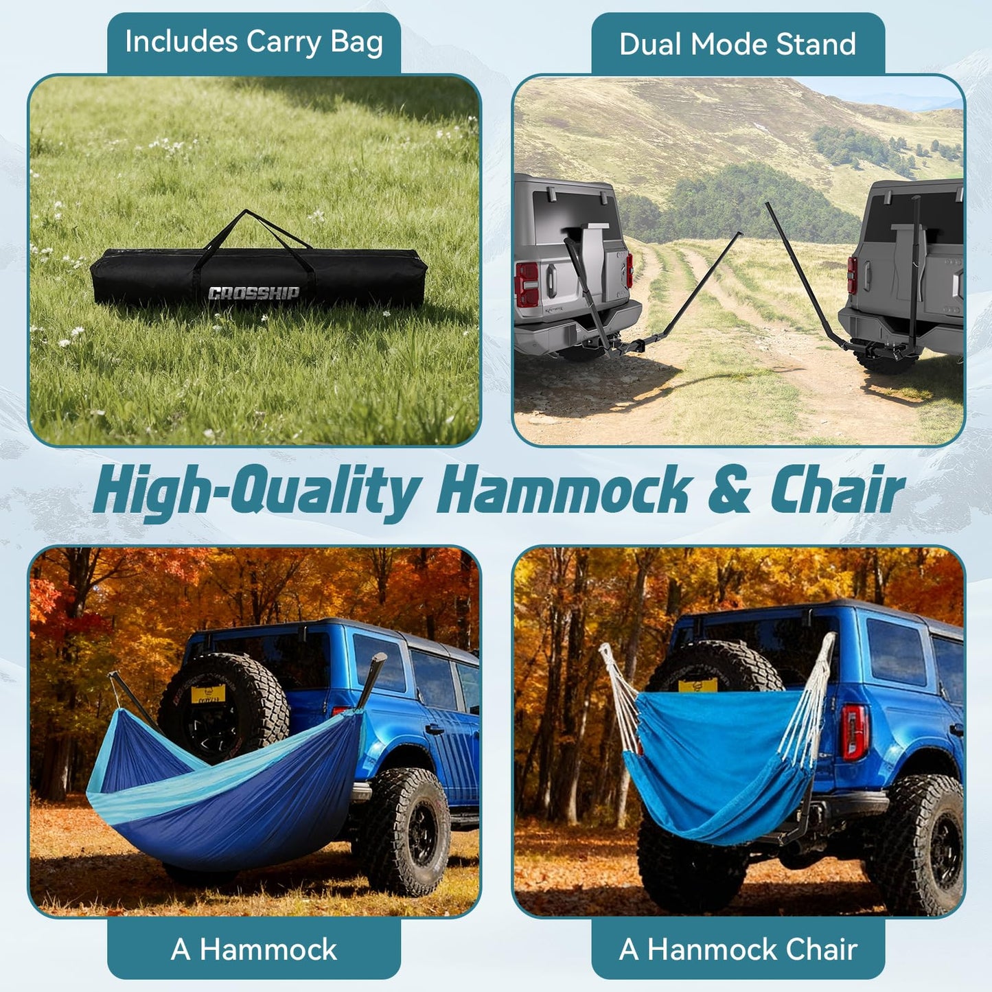 CROSSHIP Hitch Mount Hammock & Chair Stand - Fits 2in Hitch Receiver - Includes Parachute Nylon Hammock, Hammock Chair & Storage Bag - for Camping, Outdoor, Travel (350lbs Weight Capacity)