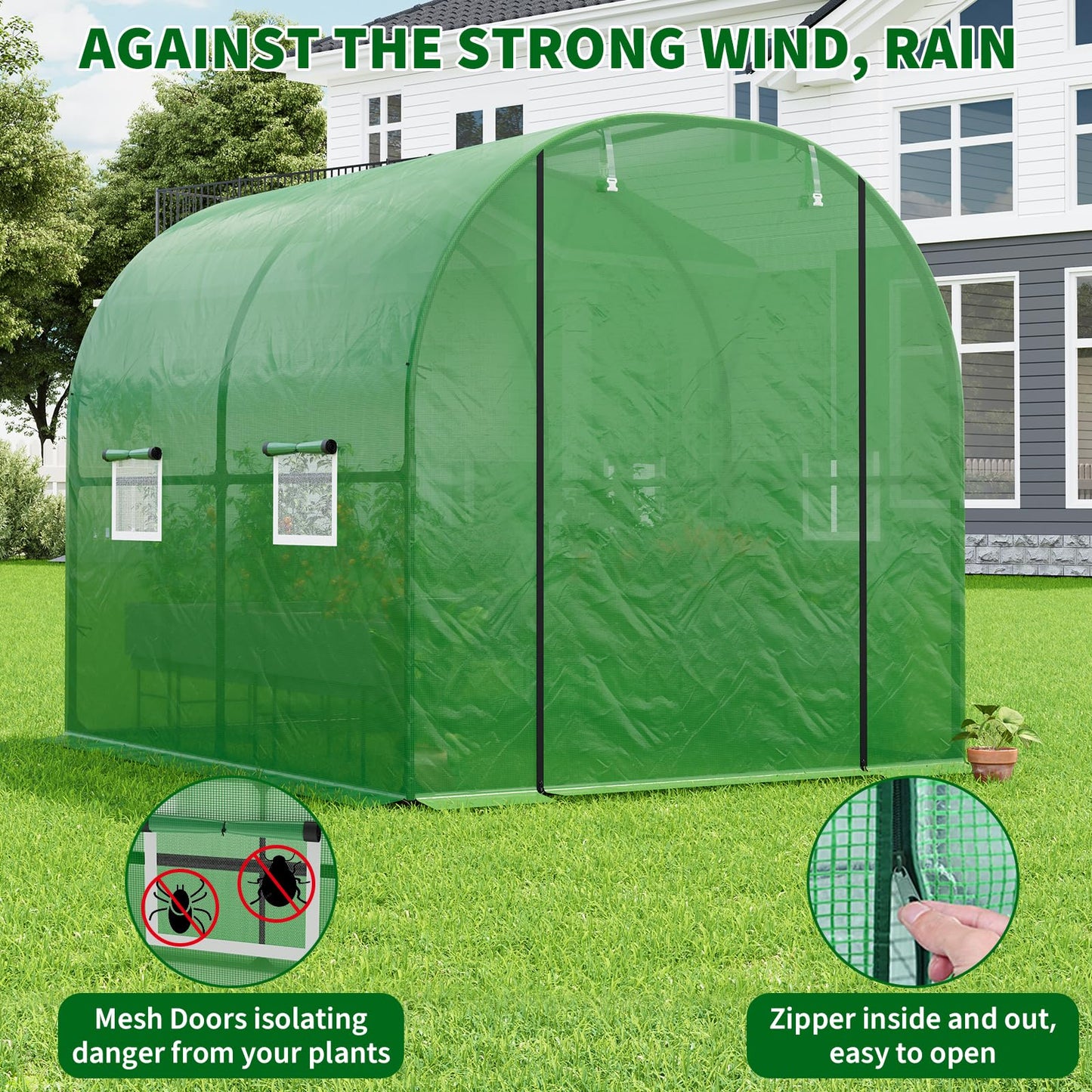 GarveeHome 6.6X8.2x6.6 Tunnel Greenhouses, Heavy Duty Walk-in Greenhouse for Outdoors with PE Cover, Instant Pop-Up Sturdy Metal Frame Hoop House with Zippered Roll-Up Door &4 Ventilated Mesh Windows