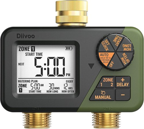 Diivoo Brass Sprinkler Timer - 2-Zone IP66 Waterproof Programmable Hose Timer | Large Display & Rain Delay for Garden Irrigation