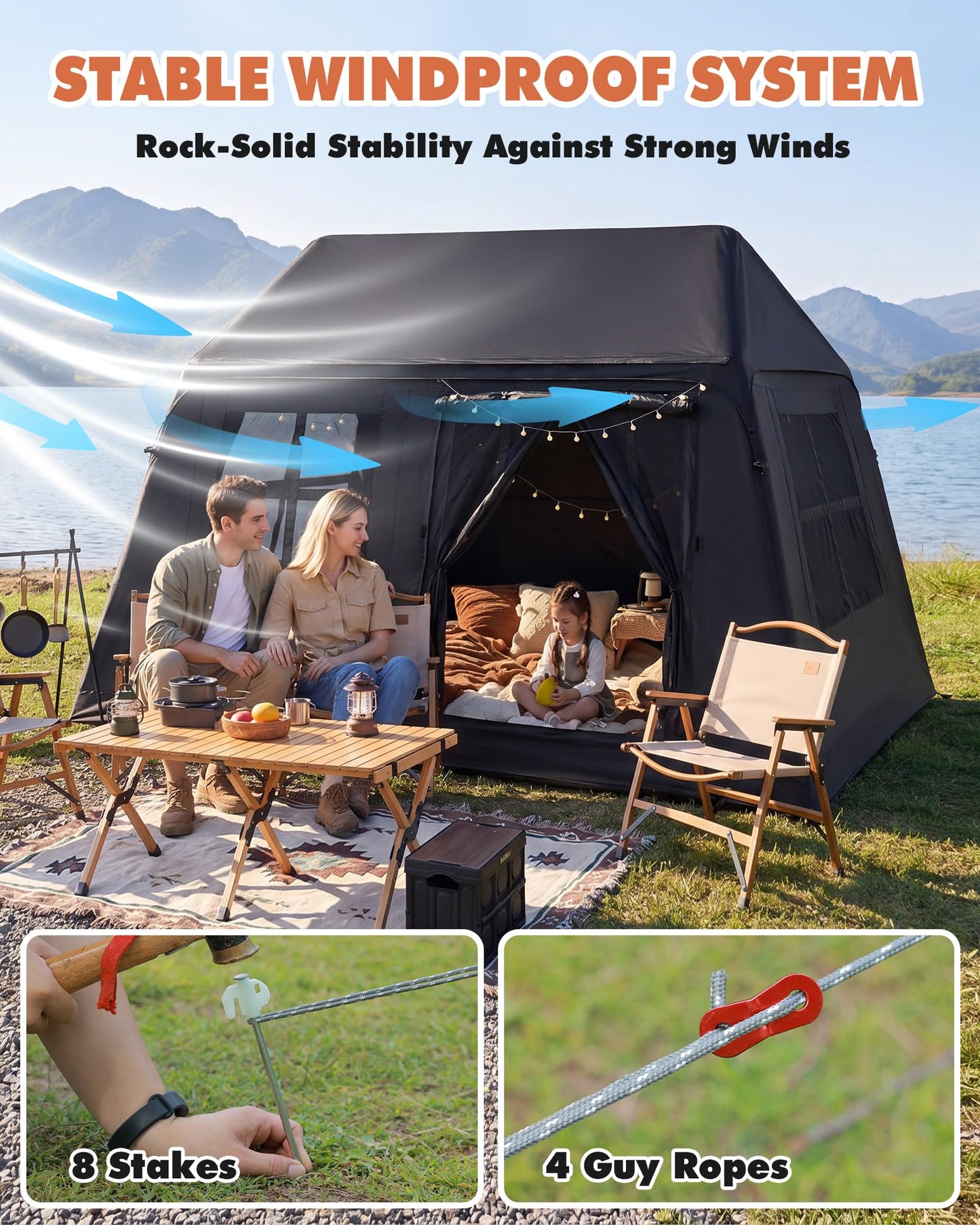 3-4 Person Inflatable Camping Tent Blow Up Hand Pump Easy Setup Waterproof Inflatable Cabin Portable Air Tent for Camping Family Tent for Backpacking Hiking