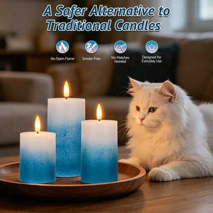 AFINETH Blue Gradient Flameless Pillar Candles, Real Wax LED Candles with Remote & Timer, Battery Operated Decorative Candles for Coastal Home Decor, Set of 3